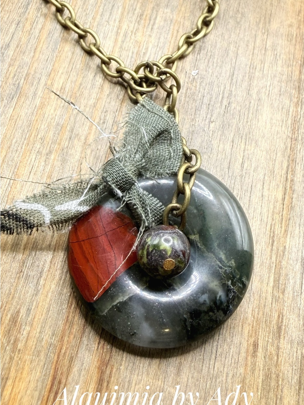 BOHO + Blood Agate PENDANT + bandanna + bronze short  necklace
